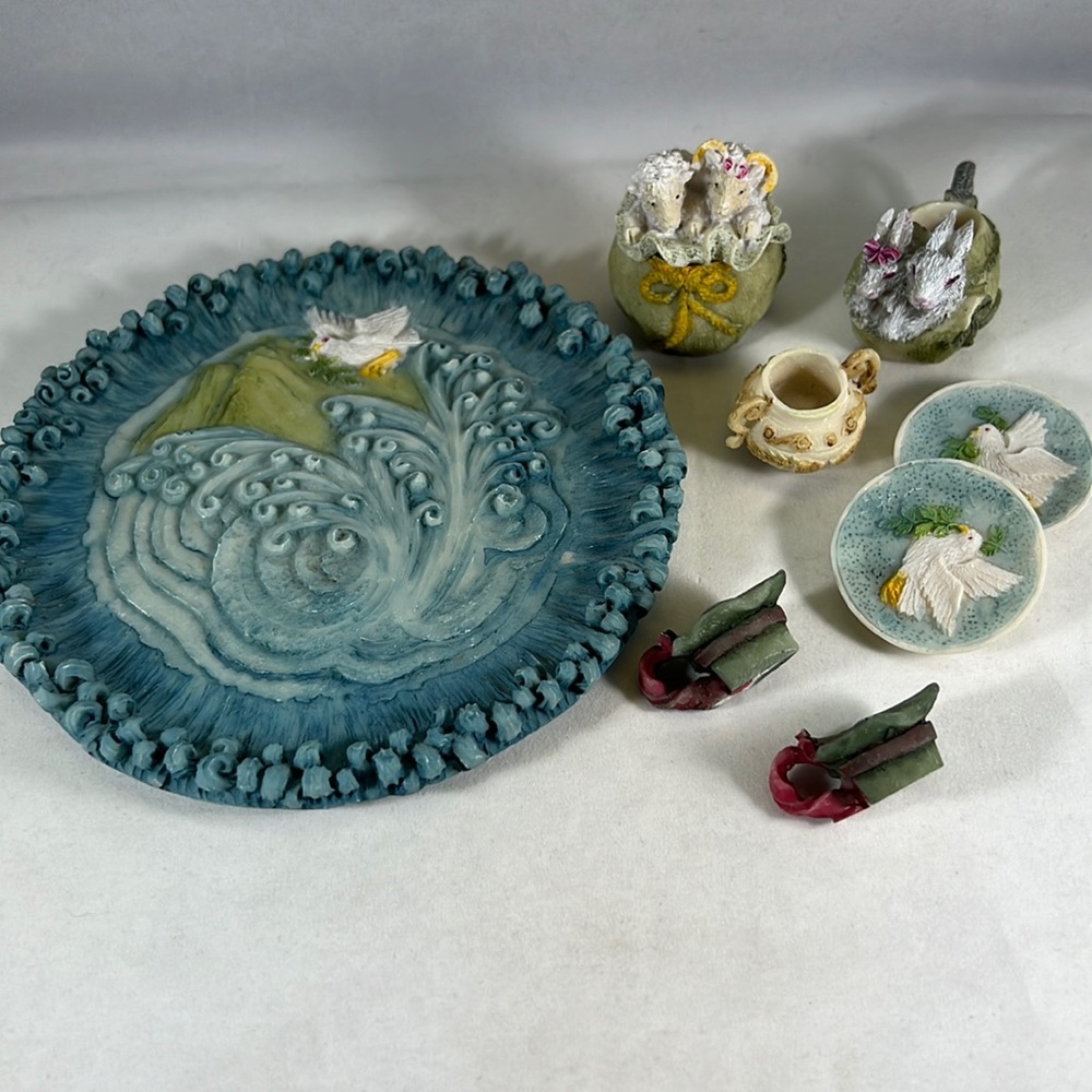 Cute Resin Mini Tea Set 9 Pieces Doves, lambs, bunnies,